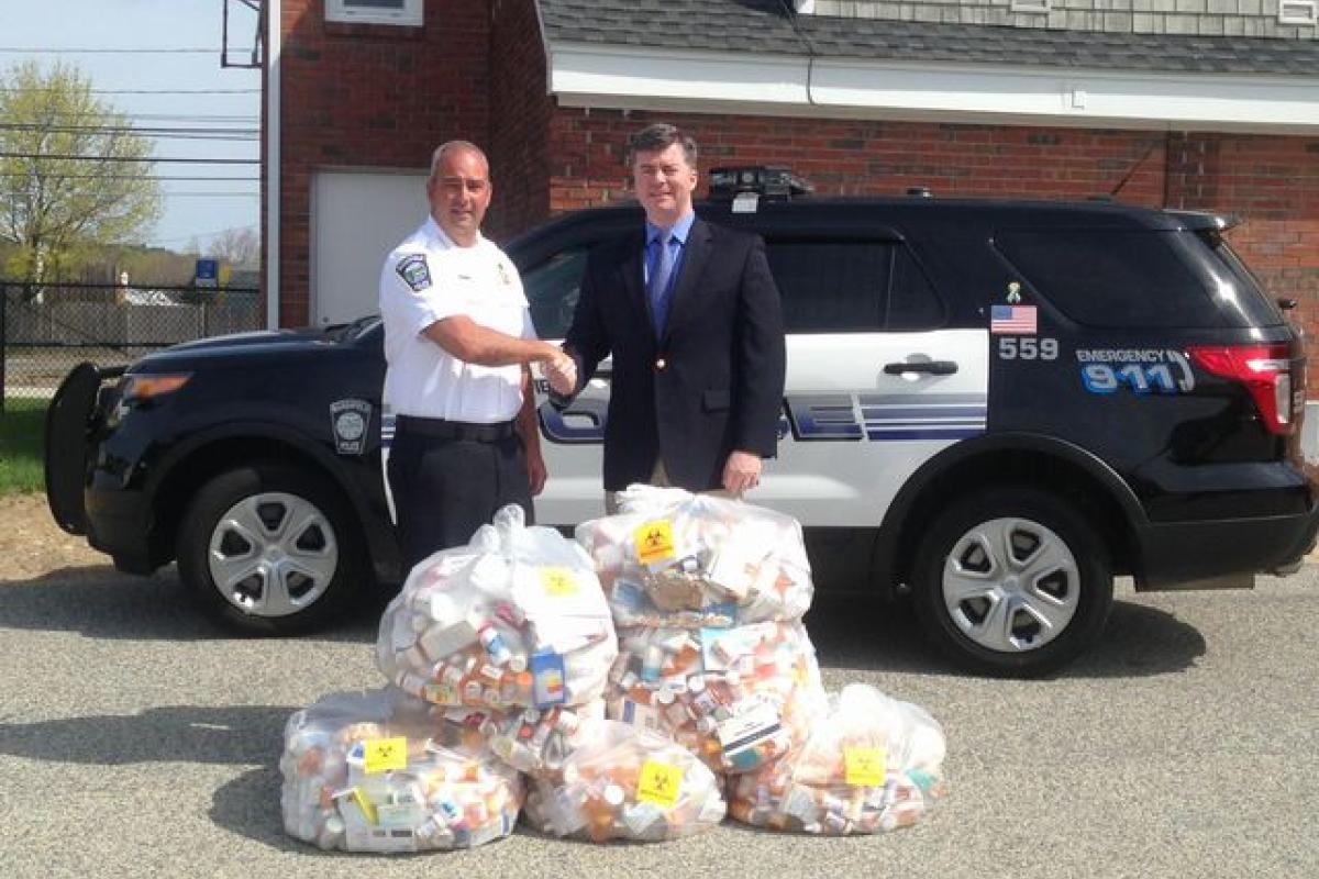 Chief Tavares along with Selectman Matt McDonough Collection of prescription drugs collected in our drug take back program.